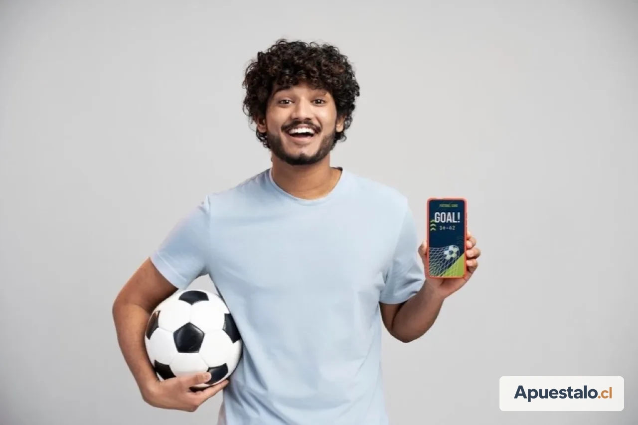 Persona sosteniendo un balón de fútbol junto a un teléfono con una app de apuestas deportivas