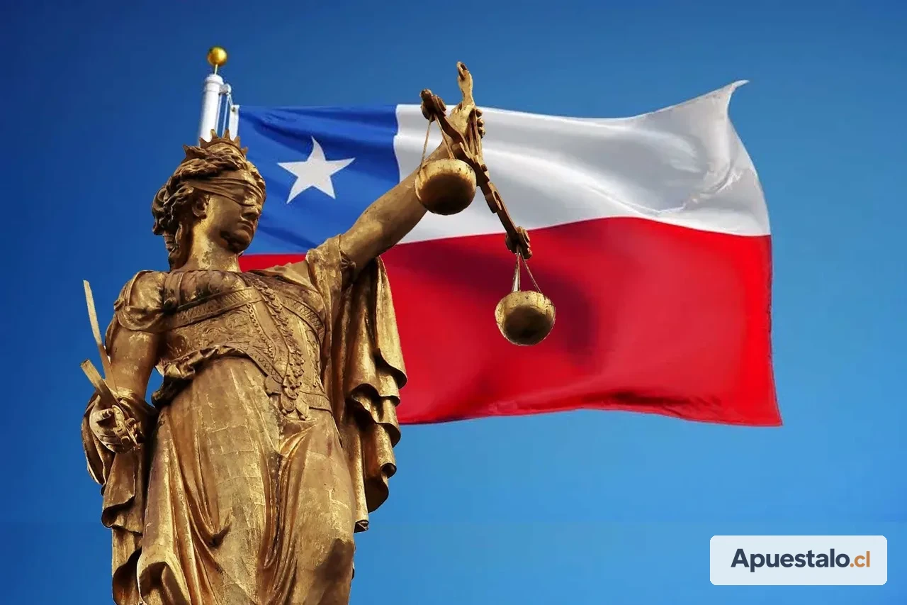 Estatua de la justicia con la bandera de Chile de fondo