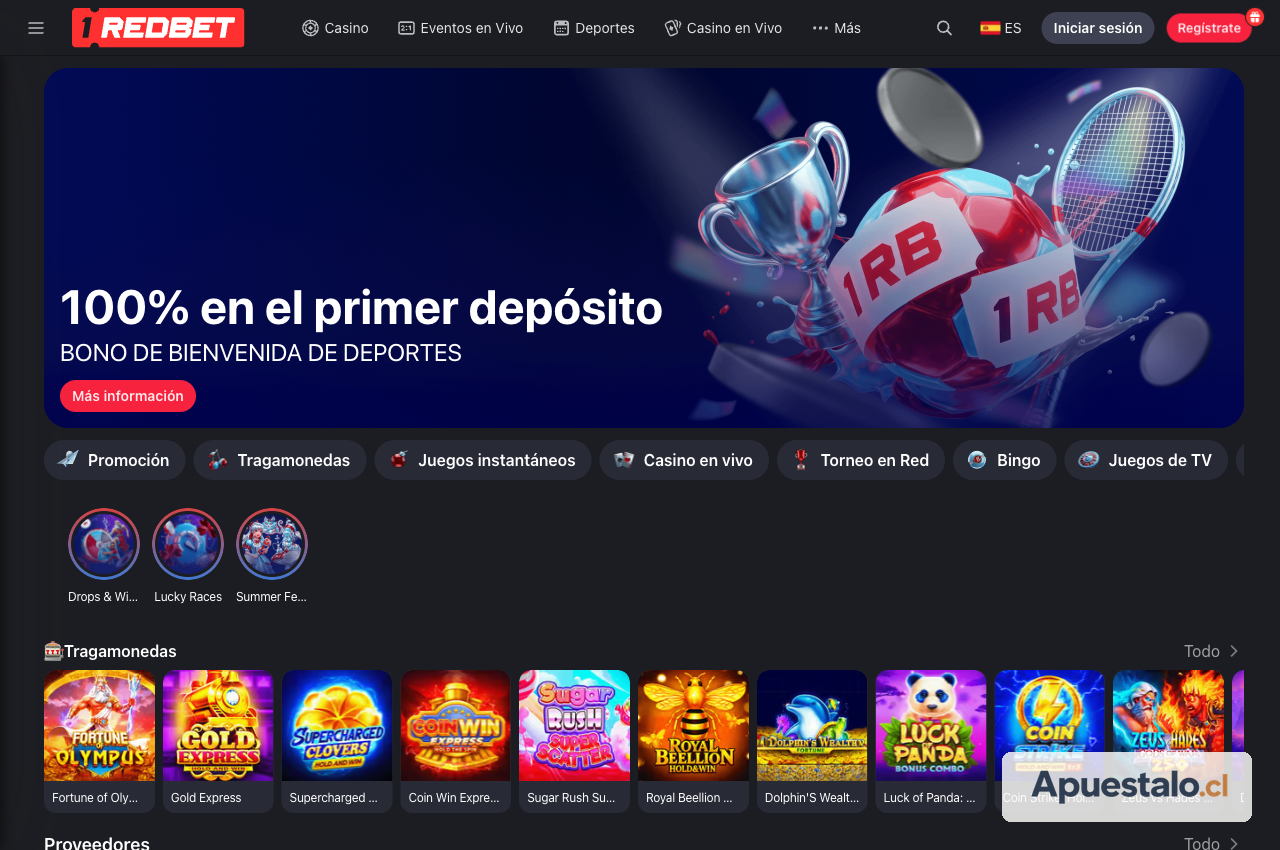 Captura de la página principal de 1RedBet Chile