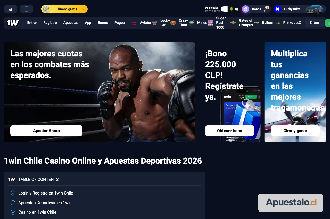 Captura de la página principal de 1win Chile