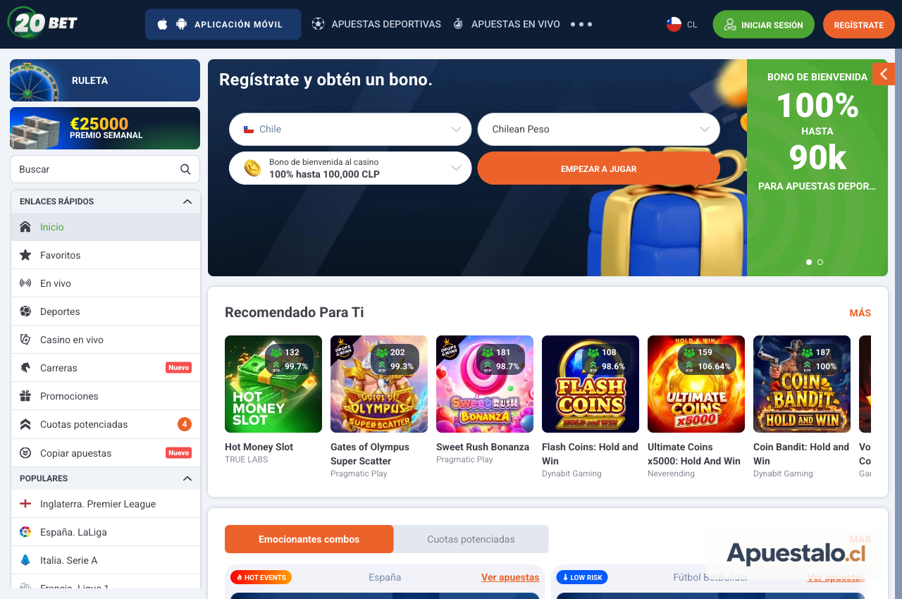 Captura de la página principal de 20Bet Chile