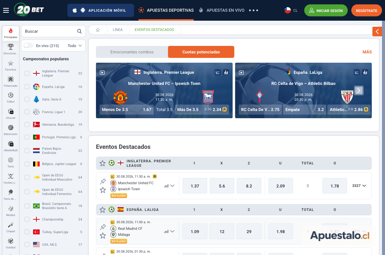 Captura del sportsbook de 20Bet Chile con cuotas y ligas