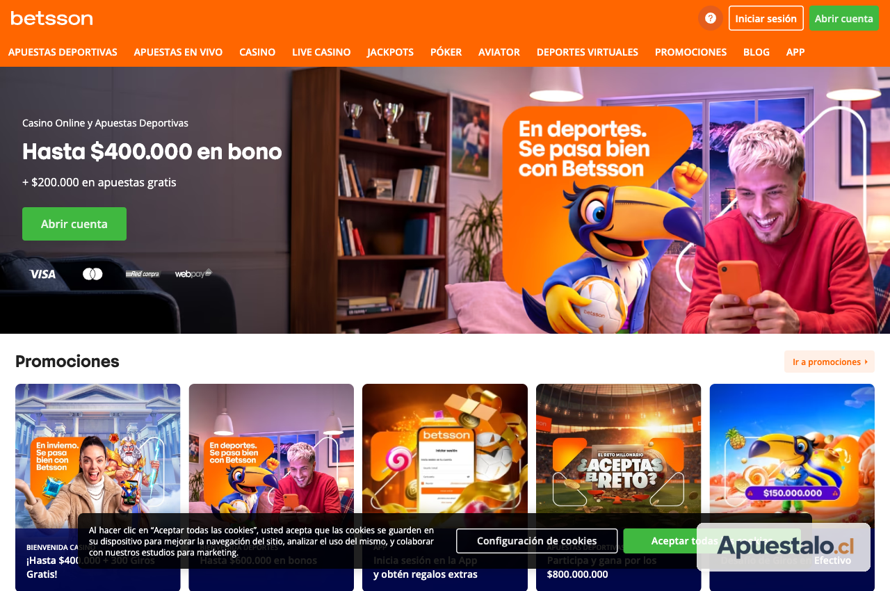 Captura de la página principal de Betsson Chile