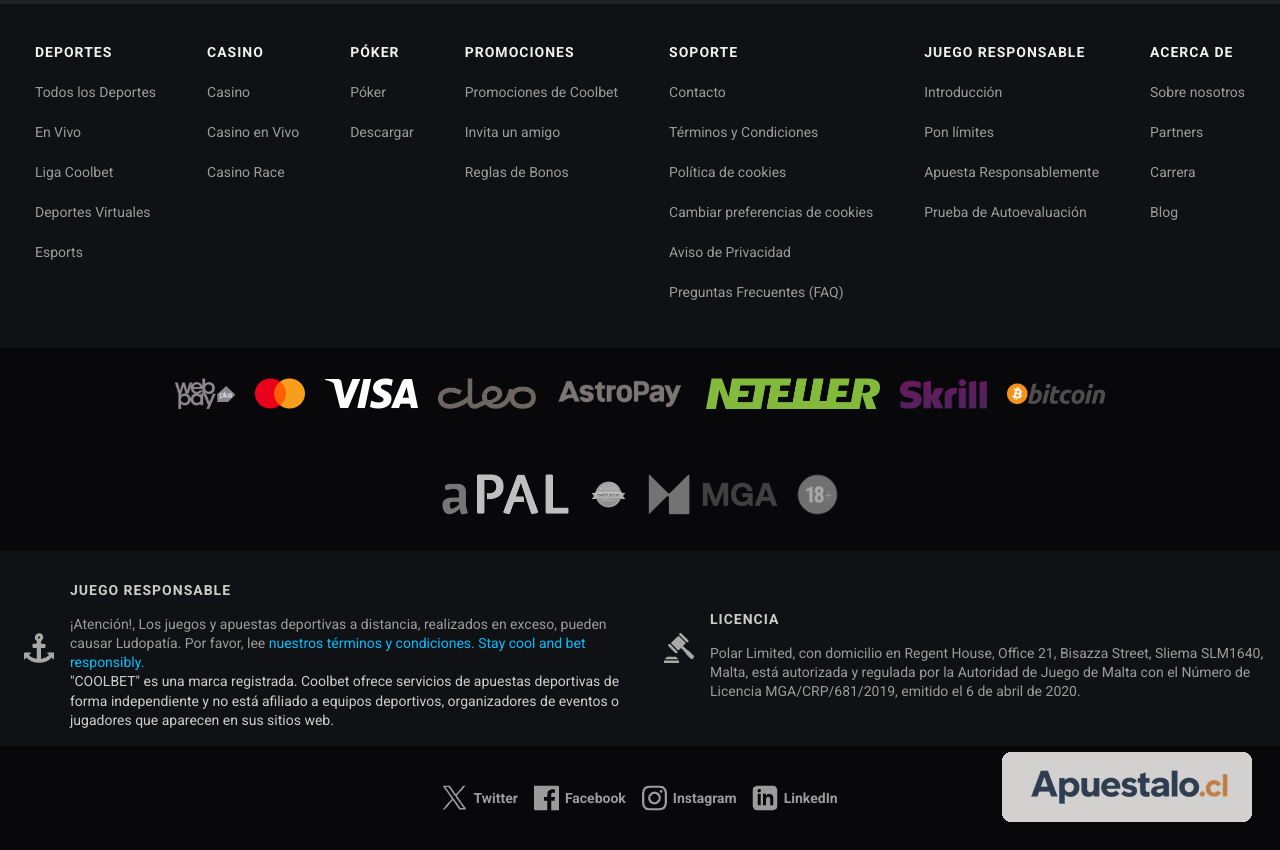 Captura de métodos de pago en Coolbet Chile