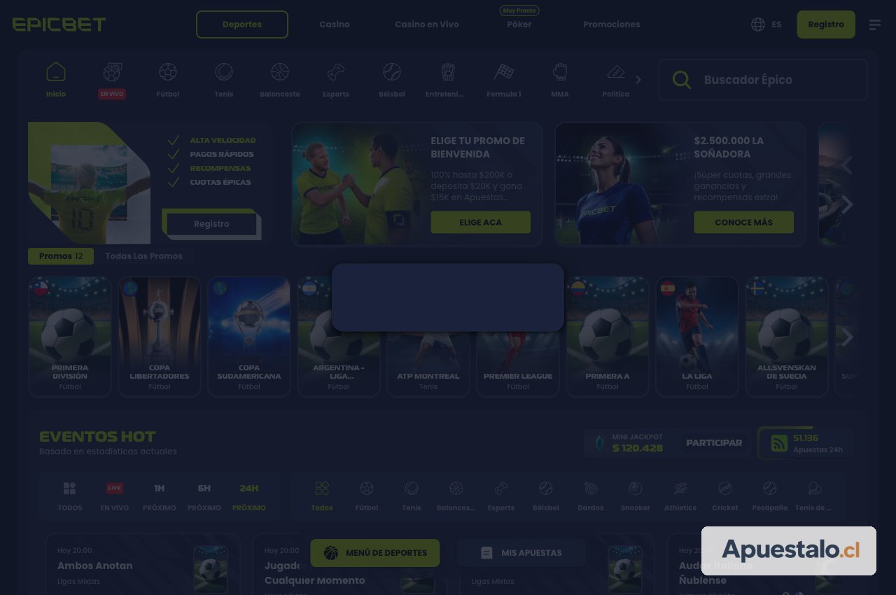 Captura del bono / inicio de epicbet