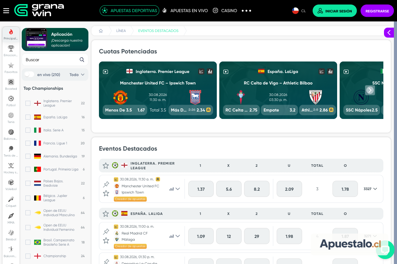 Captura del sportsbook de Granawin Chile con cuotas y ligas