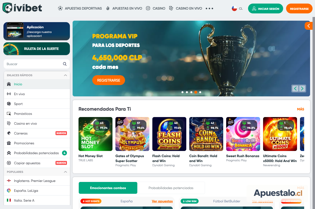 Captura de la interfaz de IviBet Chile (deportes / inicio)