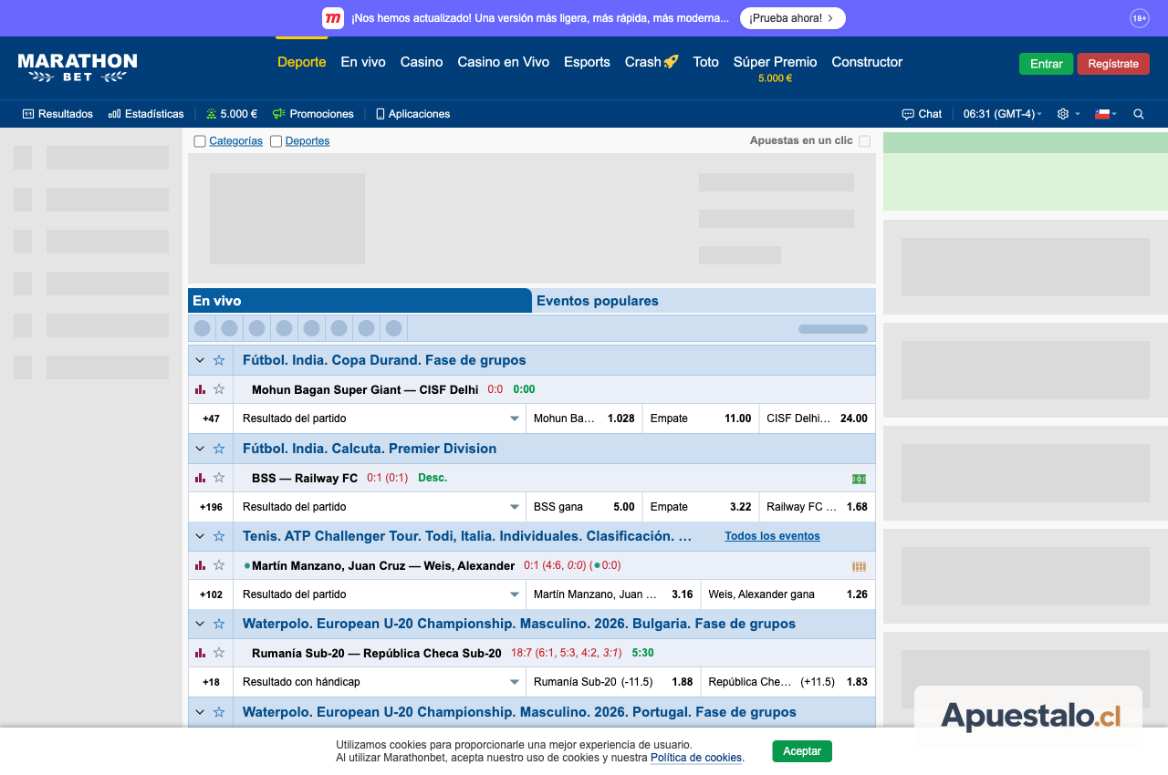 Captura de la página principal de Marathonbet Chile